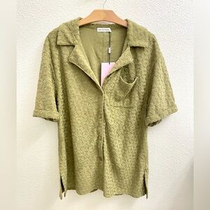 AVEC LES FILLES Olive Green Textured Terry Cloth Button-up - Size Small